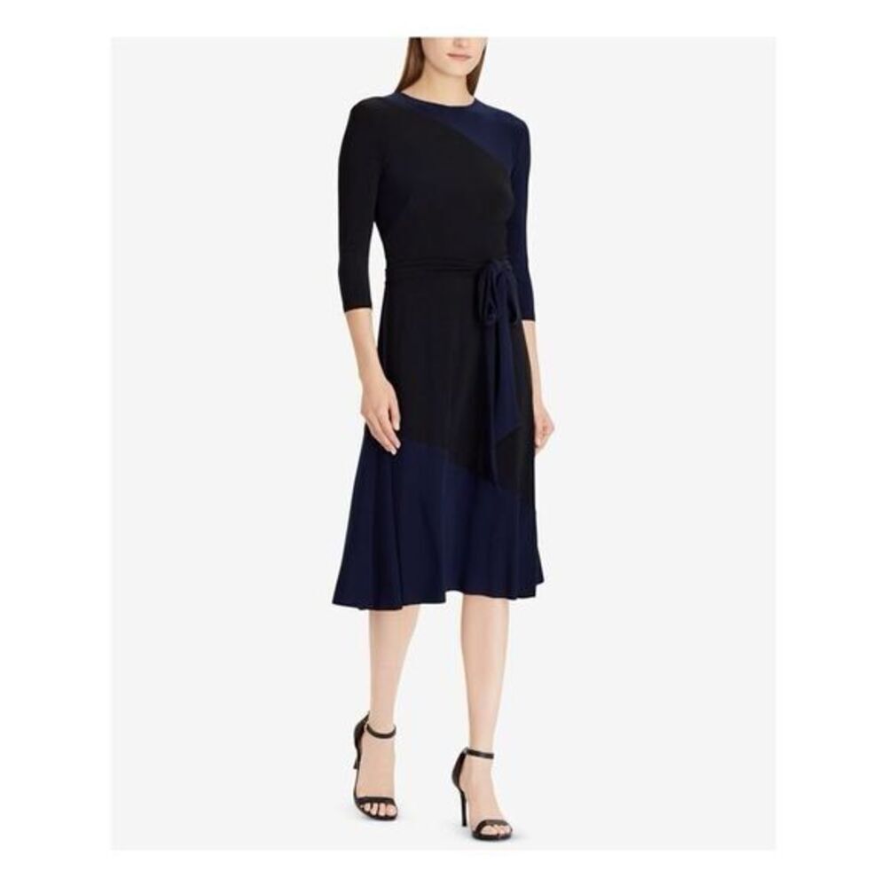 Ralph Lauren Size 8 Two Tone Belted Dress Blue Black 3/4 Sleeve Sophisticated